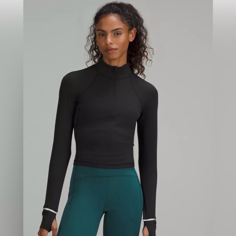 Lululemon Cropped Black Zip Mock-Neck Long-Sleeve Top